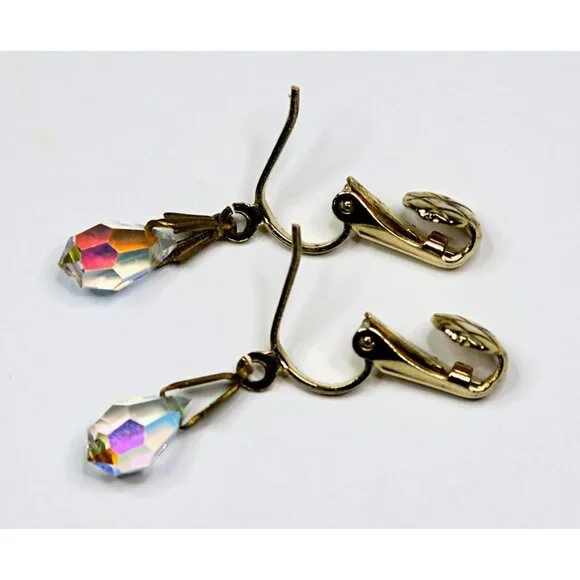 Vintage Aurora Borealis Teardrop Clip-On Earrings – Rhinestone Dangle, Gold Tone - Picture 4 of 4